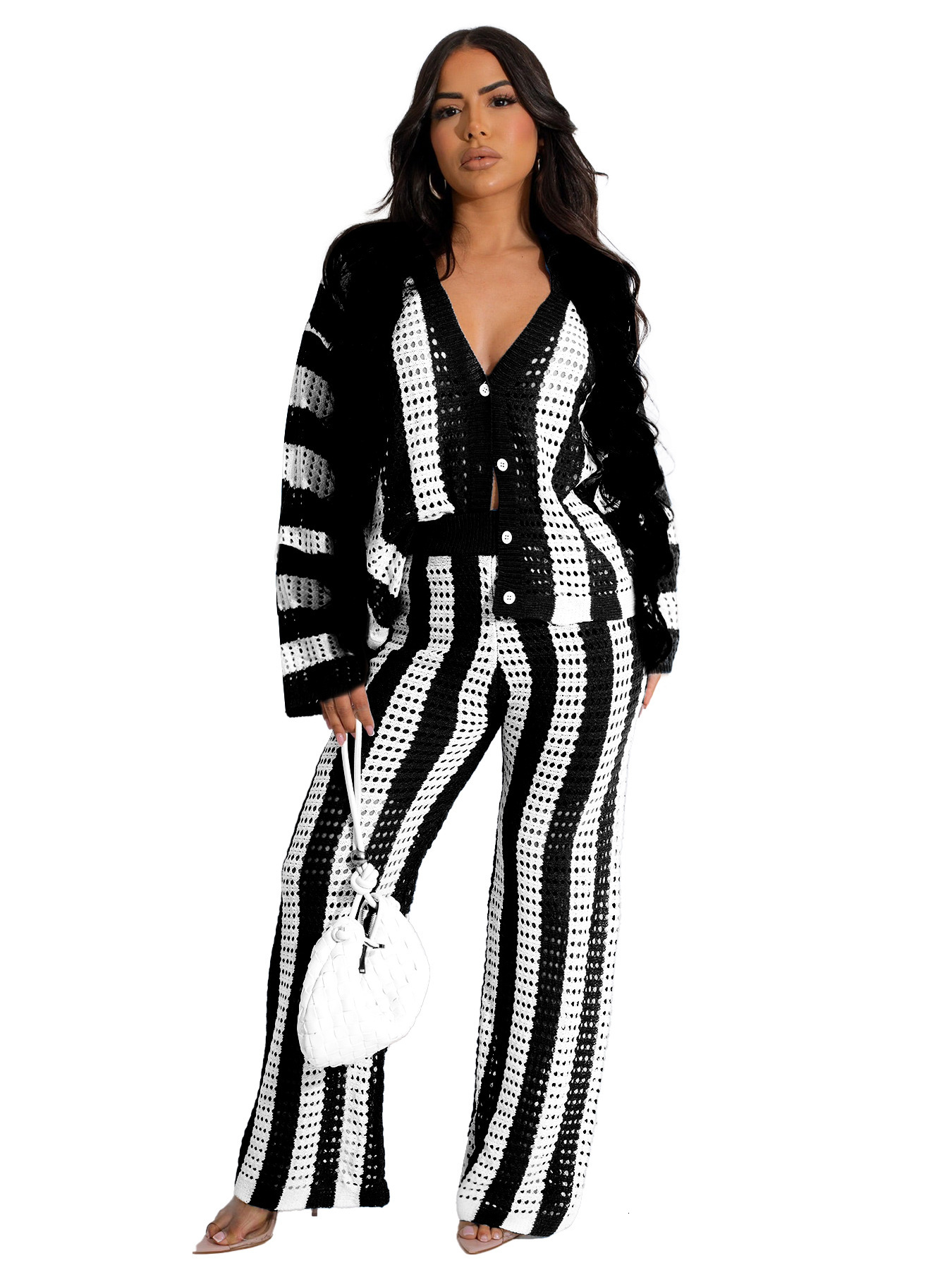 HR24040 womens autumn and winter new sexy hollow sweater knitted two-piece set