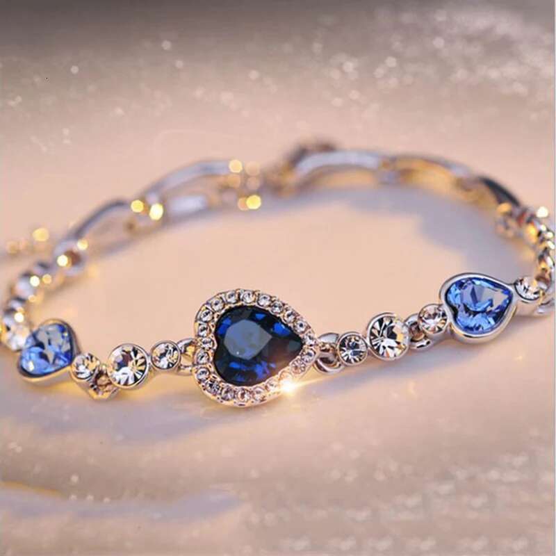 New Lucky For Female Blue Crystal Heart Charm Bracelet Women Bridal Wedding Engagement Fine Jewelry Gift