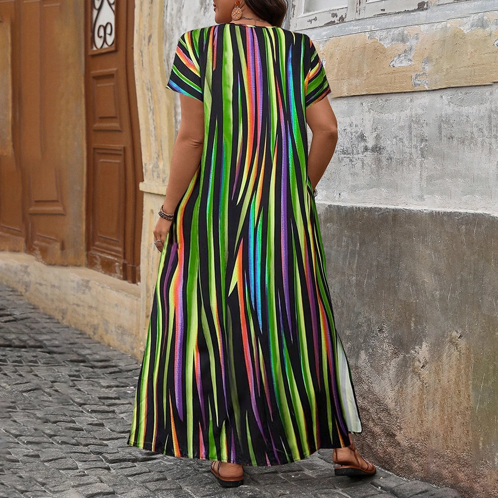 Womens Dresses Plus Size Casual Loose Rainbow Stripe Printed V-neck Dress Fashion Short Sleeve Pullover Female Party Dress 250515