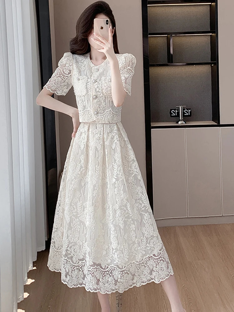 Summer y Lace 2 Piece Set Chic Women Beaded Flower Single Breasted Short Top A Line Midi Skirt Suits High Qu 250515