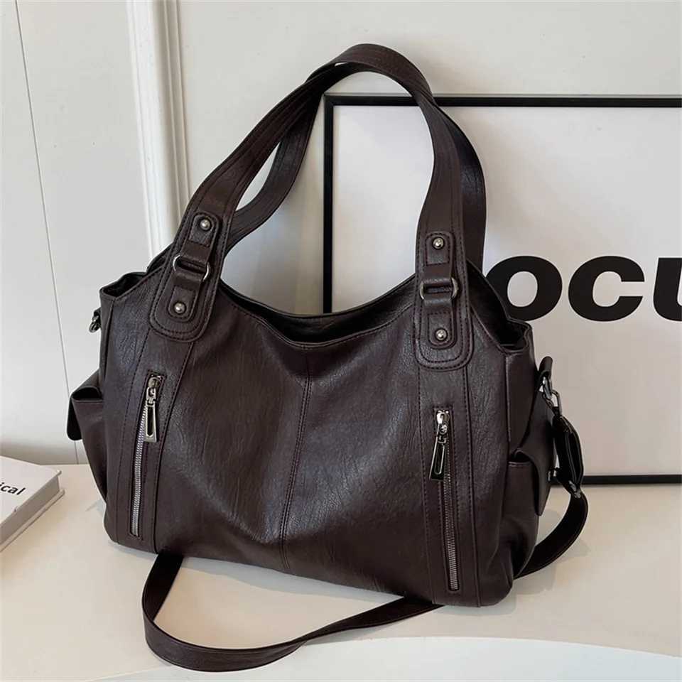 New Solid Zipper Dual Main Pockets High Capacity Handbag For Women Sewing Thread PU Leather Ladies Bag Shoulder Bag Y250718