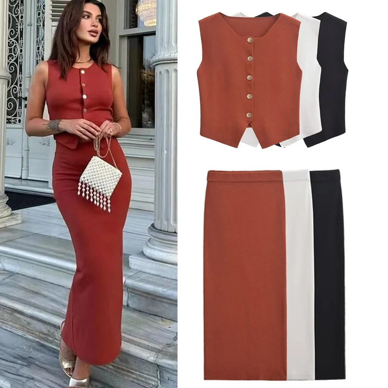 HXAO Skirt Sets For Women 2 Pieces Womens Suits Knit Solid Set Crop Sleeveless Gold Button Vest High Waist Slim Suit 250515