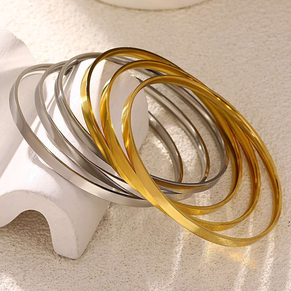 Greatera 3Pcs/Set 316L Stainless Steel Round Smooth Bracelets Bangles For Women Gold Plated Metal Waterproof Jewelry