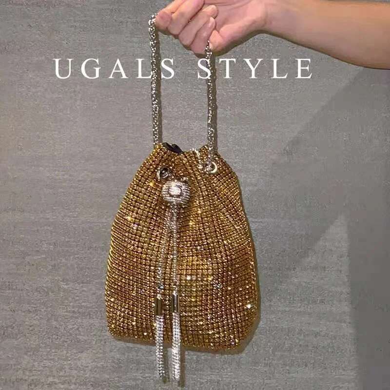 Women's Handbag Glitter String Bucket Crystal Shiny Rhinestones Dia Evening Wedding Party Clutch Purse Crossbody Bag