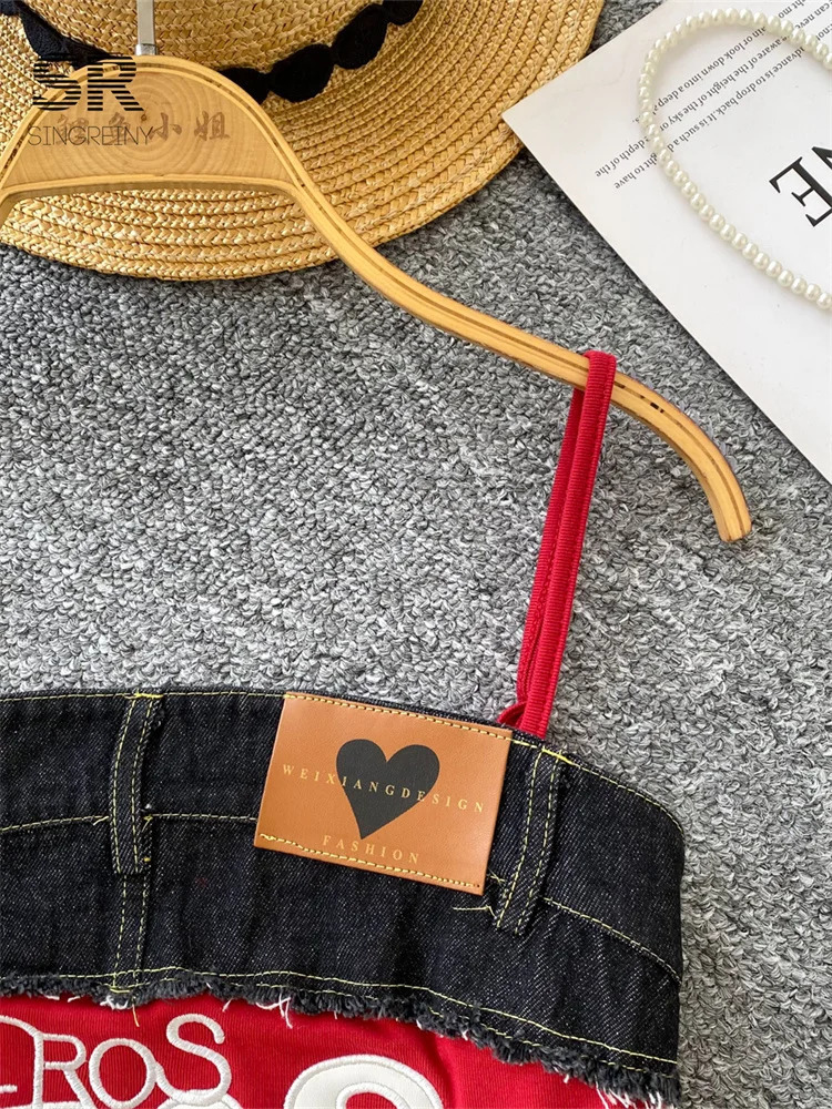 SINGREINY American Retro Y2k Strap Tops Letter y Denim Patchwork Fashion n Women sweet Streetwear Slim Crop Top 250515