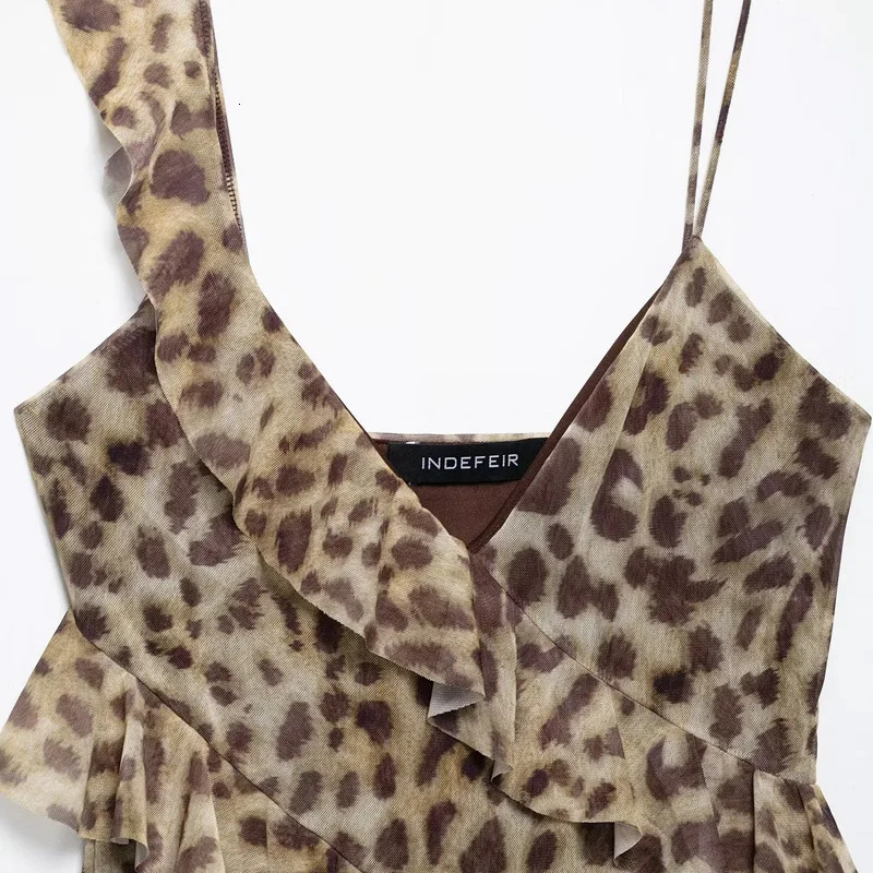 TRAF Leopard Crop Tops For Women Ruffle Sleeveless Printed Summer Backless Tulle Camisole Top Woman Sexy Asymmetrical 250515
