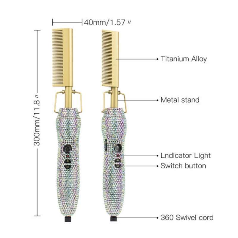 Electric Heating Hair Straightening Rhinestone Hot Comb Curling Iron Heated Brush Chauffant Cheveux Peigne chaud