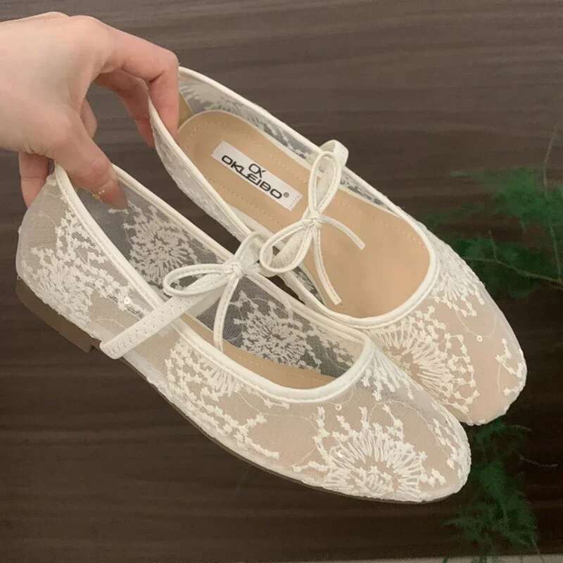 Mesh Ballet Flat Women Embroidery Soft Sole Bowknot Fashion Footwear Female Hollow Comfort Designer Brand Mary Jane Shoes