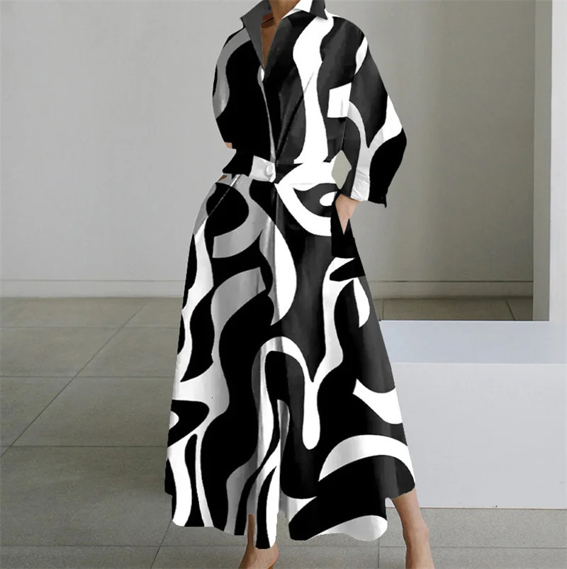 Plus Size Dress for Women Summer Elegant Lapel Oil Painting Button Shirt Dress Vestidos Casual 34 Sleeve Dress Party Vestido 250514