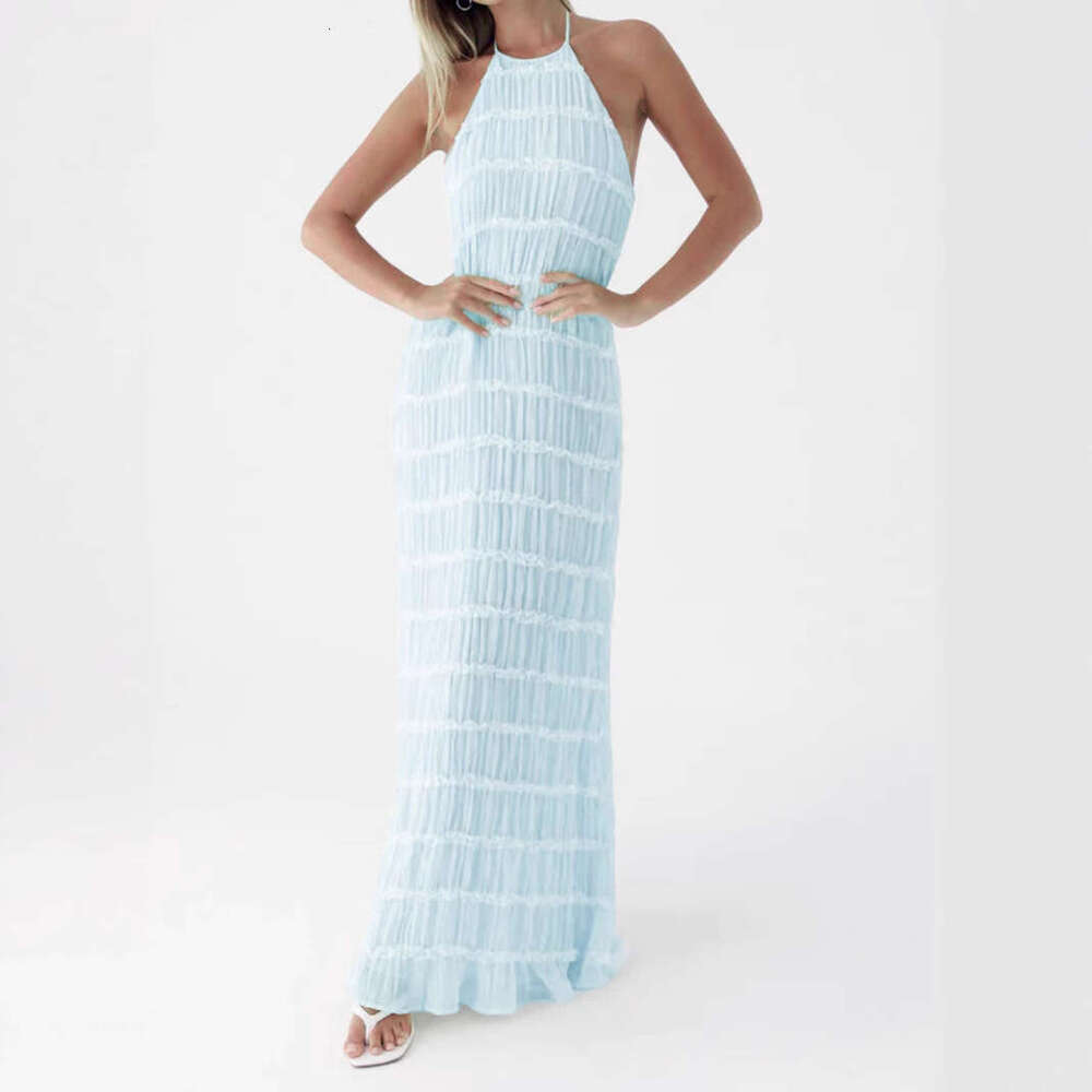 2025 Spring/Summer Women's Sexy and Fashionable Hanging Neck Strap, Folded Lace, Vacation Style, Long Dress