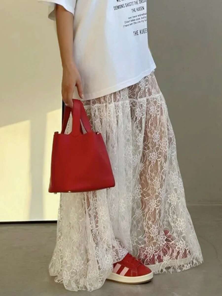 Lace Jacquard Transperant Women Summer New High Waist Sexy Casual Long Skirts 2025 Streetwear Fashion White Maxi Skirt