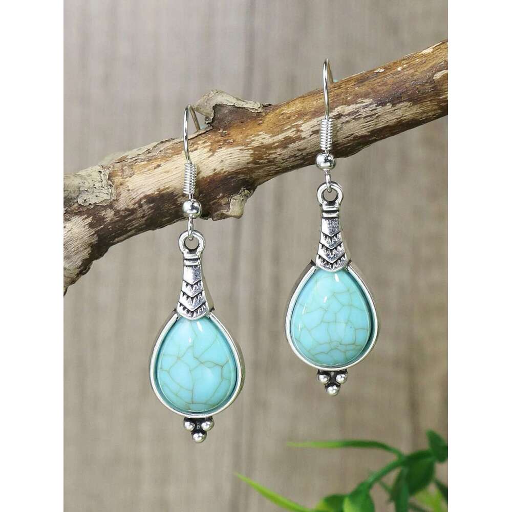 Bohemian Holiday Style Jewelry Set Women's Water Droplet Stone Inlaid Classic Simple Earrings Short Necklace