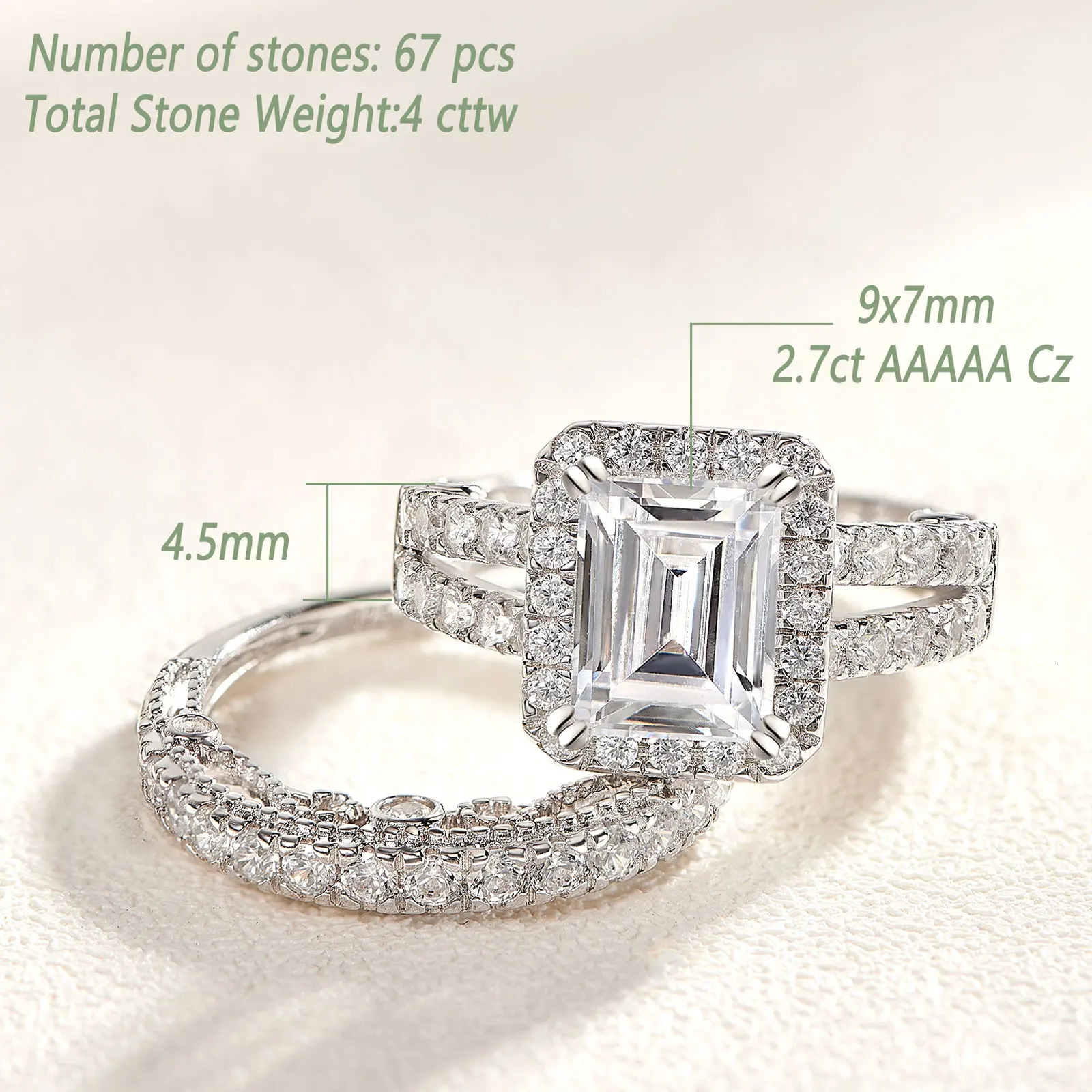 she 925 Sterling Silver Vintage Emerald Cut AA Cubic Zircon Wedding Engagement Rings for Women Bridal Set Fine Jewelry 250515