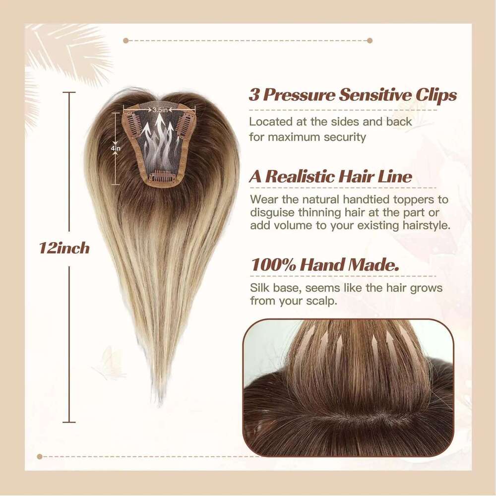 Blonde Brown Ombre 100% Remy Human Hair Topper HairPieces for Women 150% Density Silk Base 3Clip in Toppers 12inch