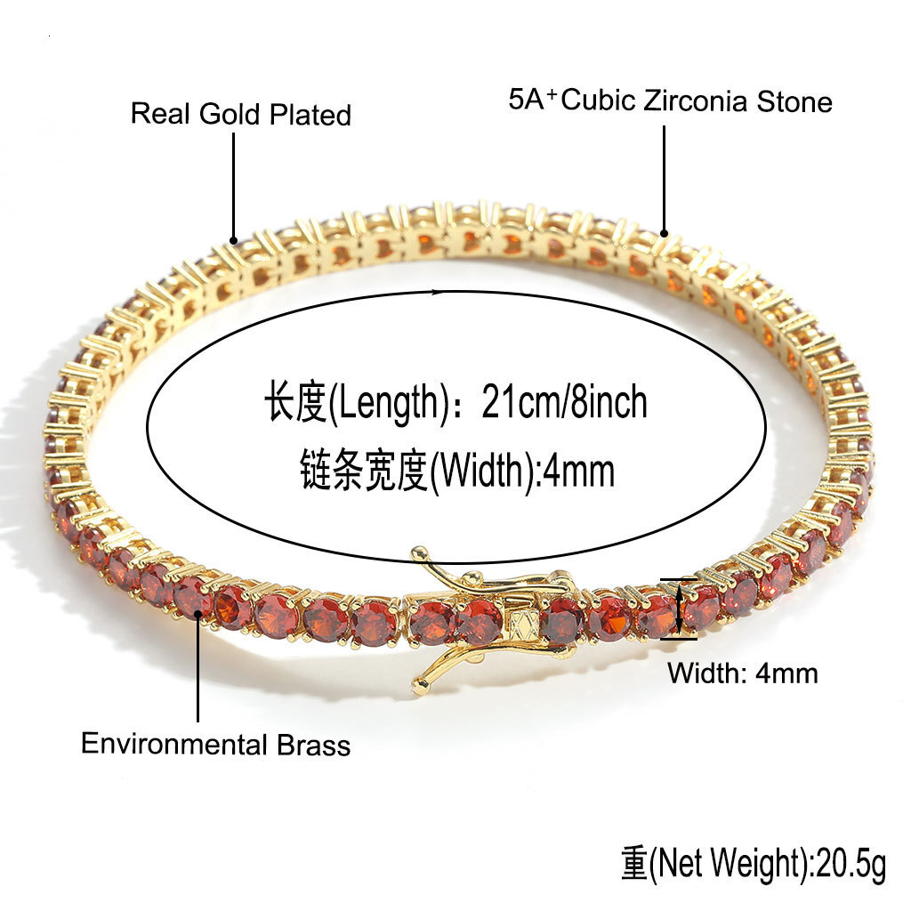 4mm Bling Red Tennis Chain Bracelet Iced Out Cubic Zirconia Single Row Cz Stoness Hip Hop Bracelets Fashion Versatile Wolf Tide Rapper Streetwear Jewe