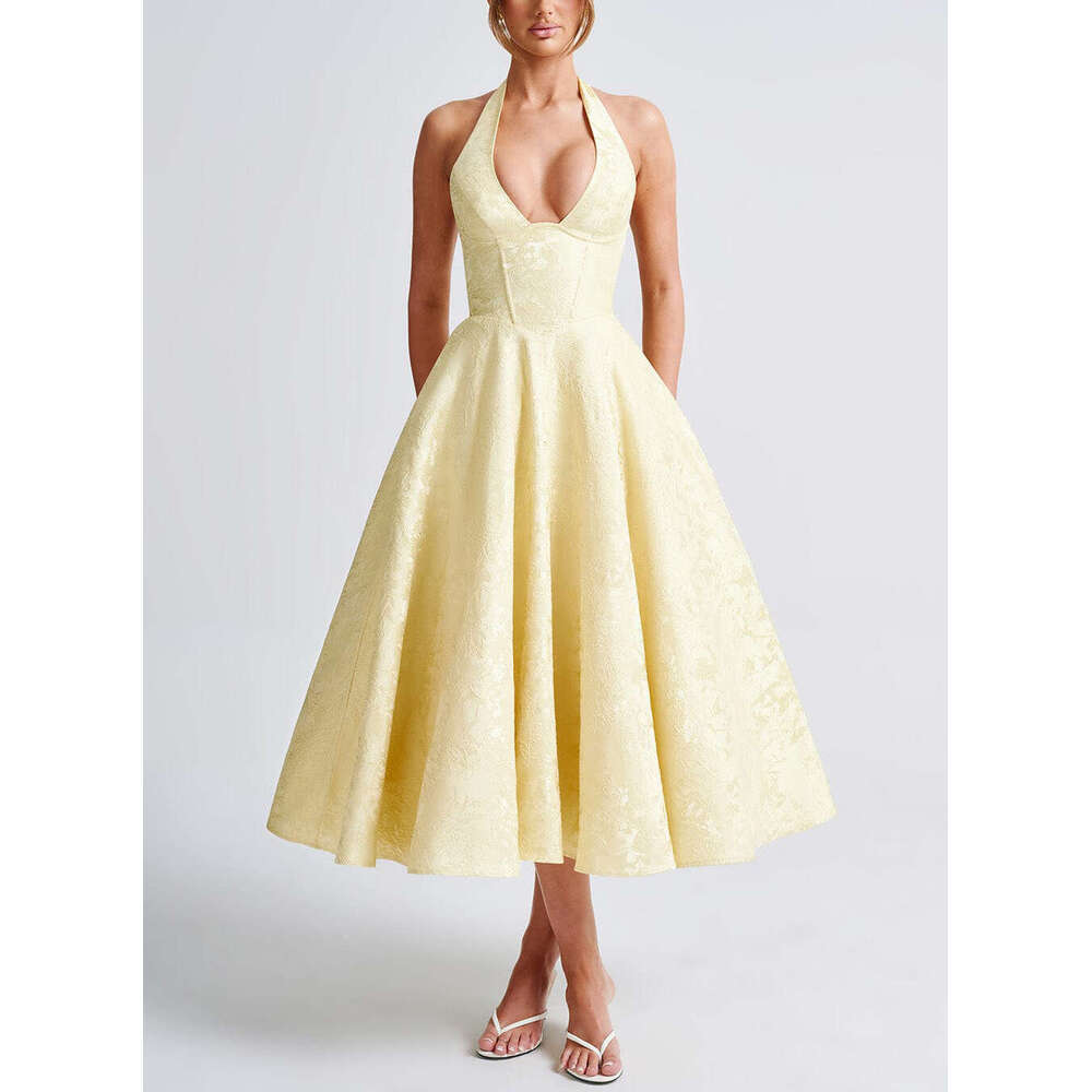 White Dress Maxi Dress V-Neck Hanging Neck Jacquard High-End Evening Dress, Spring And Summer Temperament, Sleeveless Backless Waist Cinching Long Dre