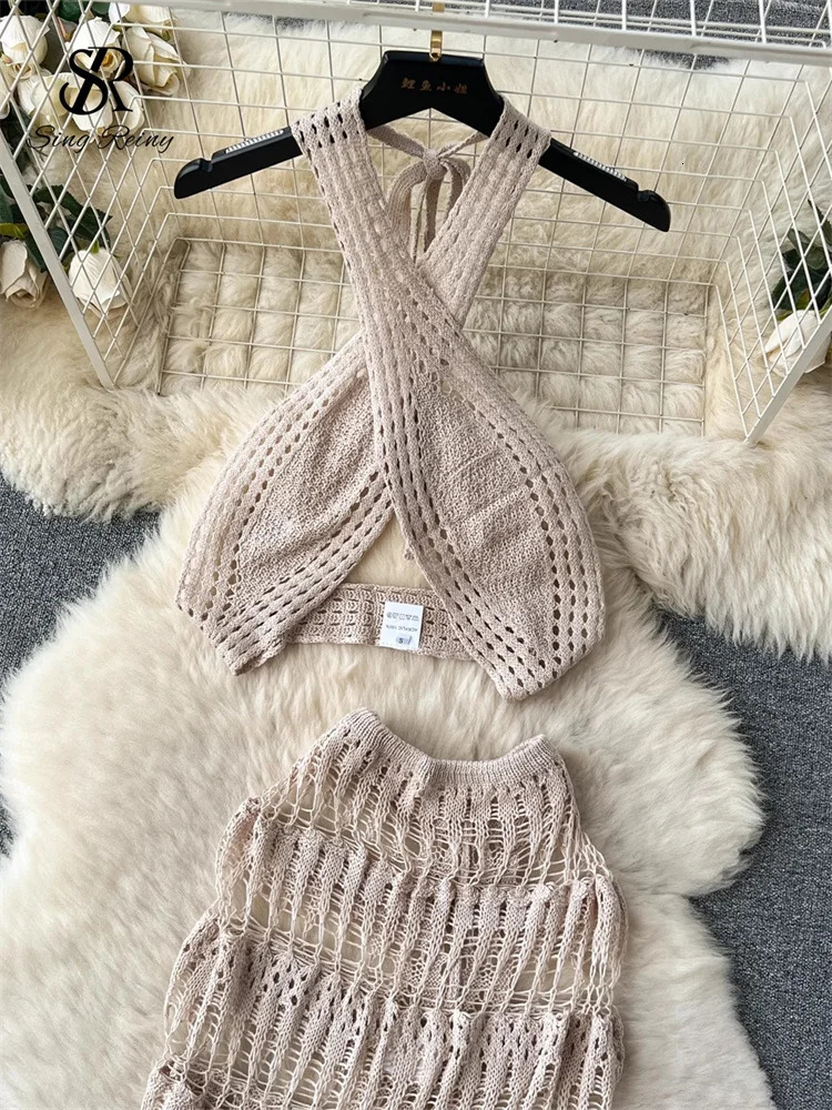 SINGREINY Hollow Out Female Beach Suits Fashion Cross Halter ShirtSplit Long Skirt Set Ladies Vacation Styles Korean Sexy Sets 250515
