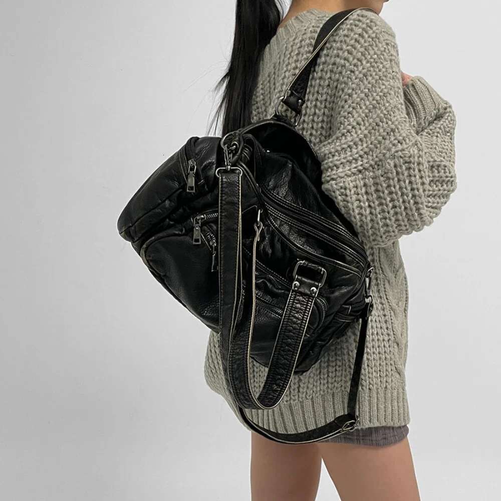 Y2k Hot Girl Single Shoulder Crossbody Vintage Washed Leather Motorcycle Large Capacity Multi Pocket Bag