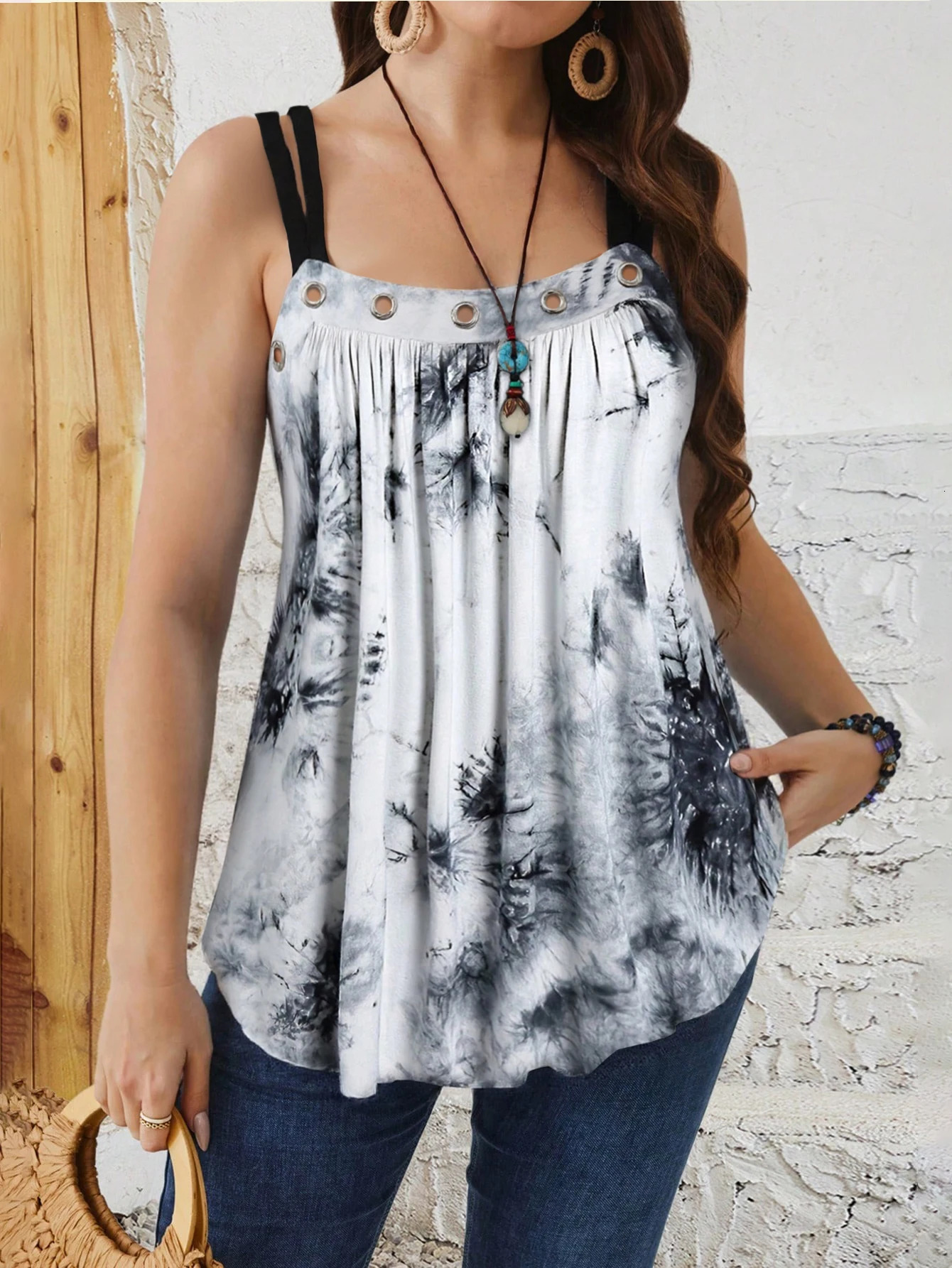 Plus Size Summer Tie Dye Printed Casual Vest Top Womens Loose Fit Tank 250515