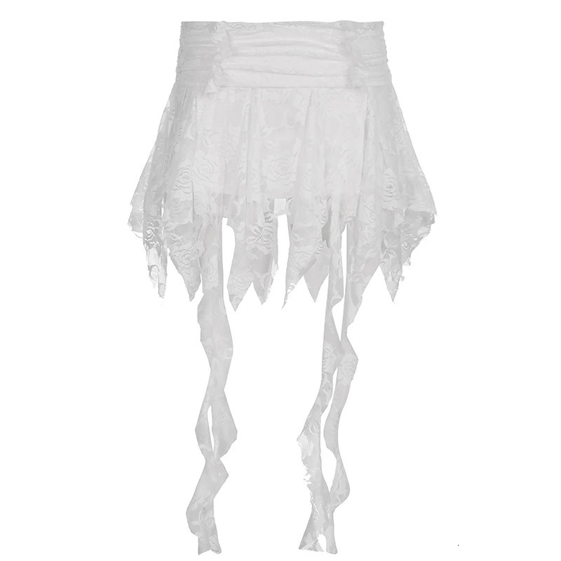 CIBBAR White Lace Ruffles Mini Skirt Vintage Elegant Low Rise Patchwork Irregular Short Skirts for Women y2k Fairycore Clothing 250515