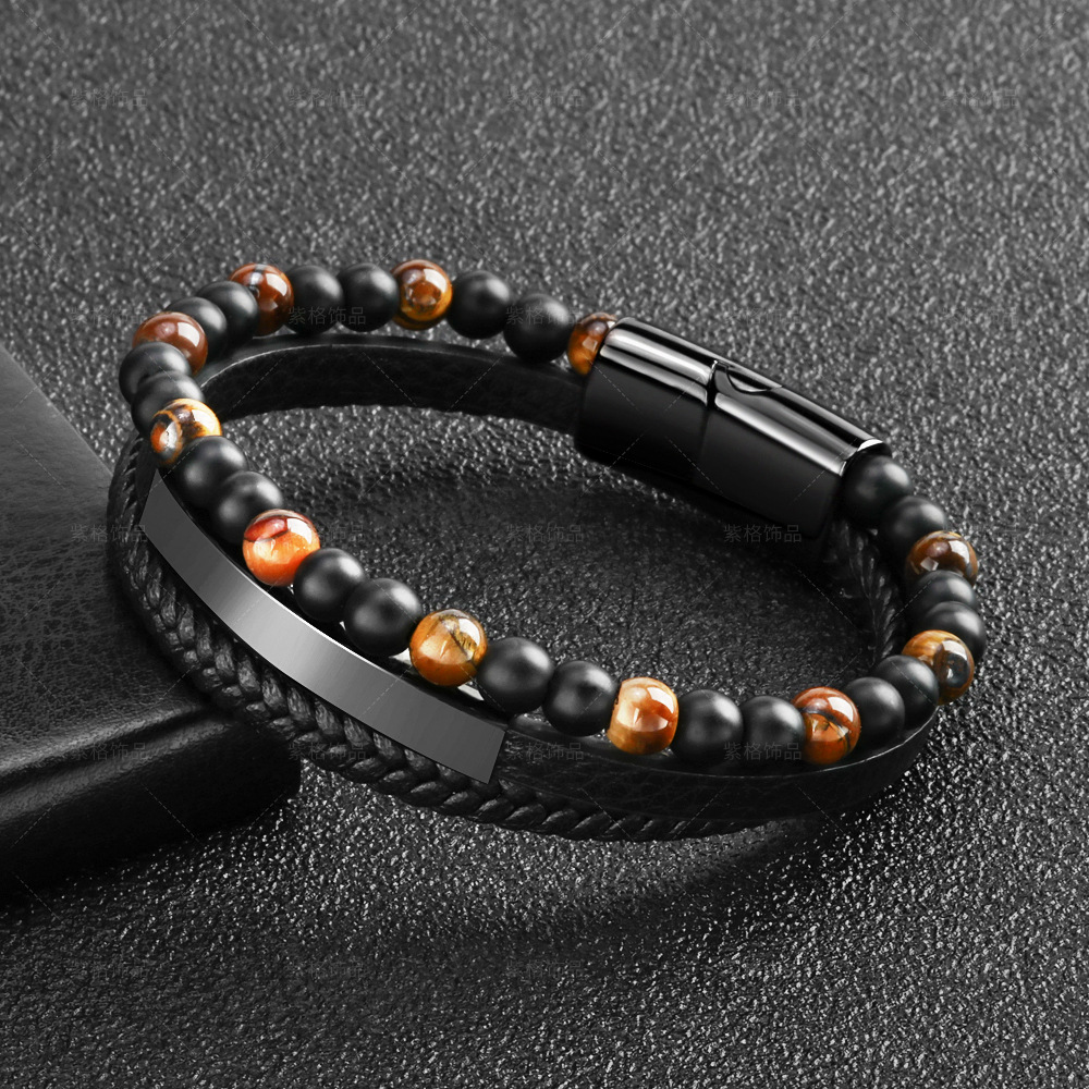 Men's Tiger Eye Stone Beaded Bracelet with Black Braided Leather Band - Stylish and Durable Multi-Layer Bracelet for Men
