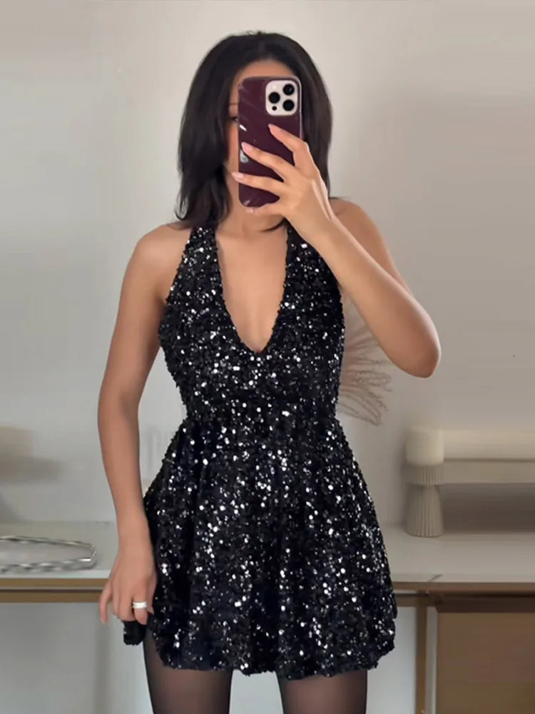 Sexy Sequins Short Black Party Dresses for Women Halter V Neck Backless Sparkly Ruffles Woman Mini Dress 2025 Club Gowns 250515