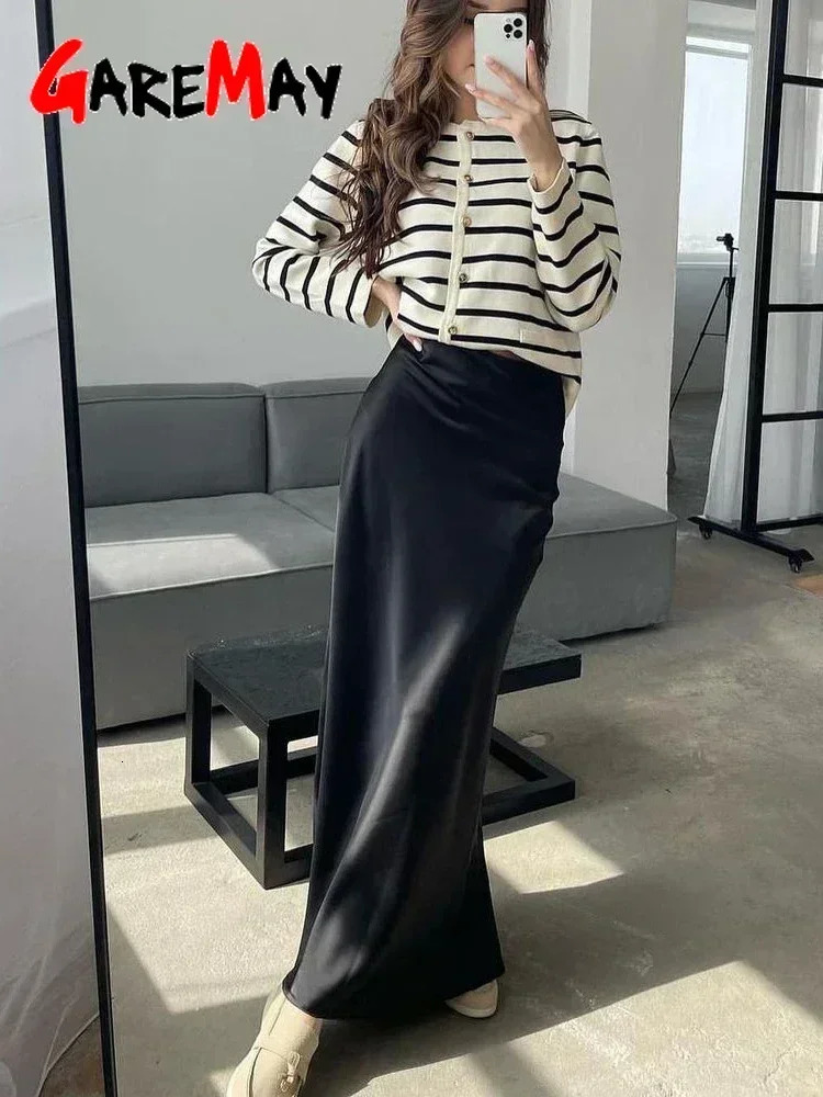 Womens Satin Skirt Brown A-line Elegant Vintage Women Midi Skirt Solid High Waist Autumn Winter Long Silk Skirts Black 2025 250514