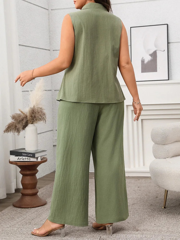 GIBSIE Plus Size Two Piece Set For Women Solid Notched Neck Sleeveless Vest And Wide Leg Pants 2025 Summer Office Ladies Suit 250514