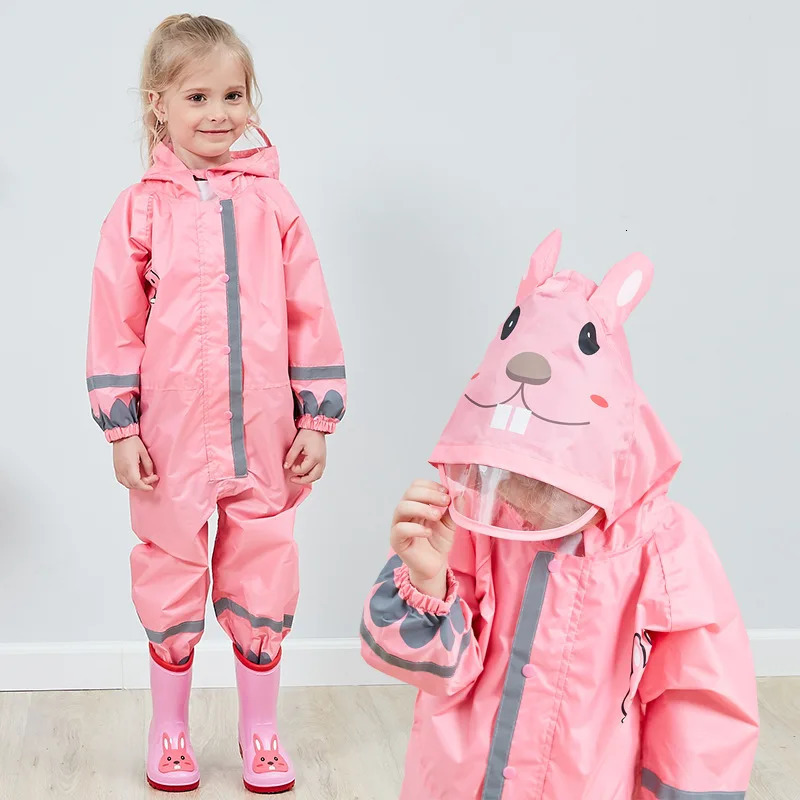 Kids Rain Suit with Hood Waterproof Jumpsuits Baby Cartoon Animals One Piece Raincoat Children Boys Girls Rainwear 1-12 Years 250515