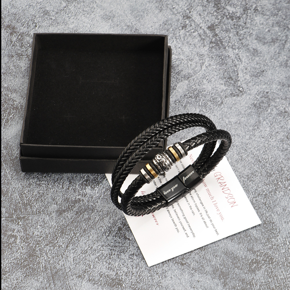 Trendsetting Man's Bracelets: Luxury Stainless Steel Strapped With Genuine Leather Band Featuring Individualized Inscription