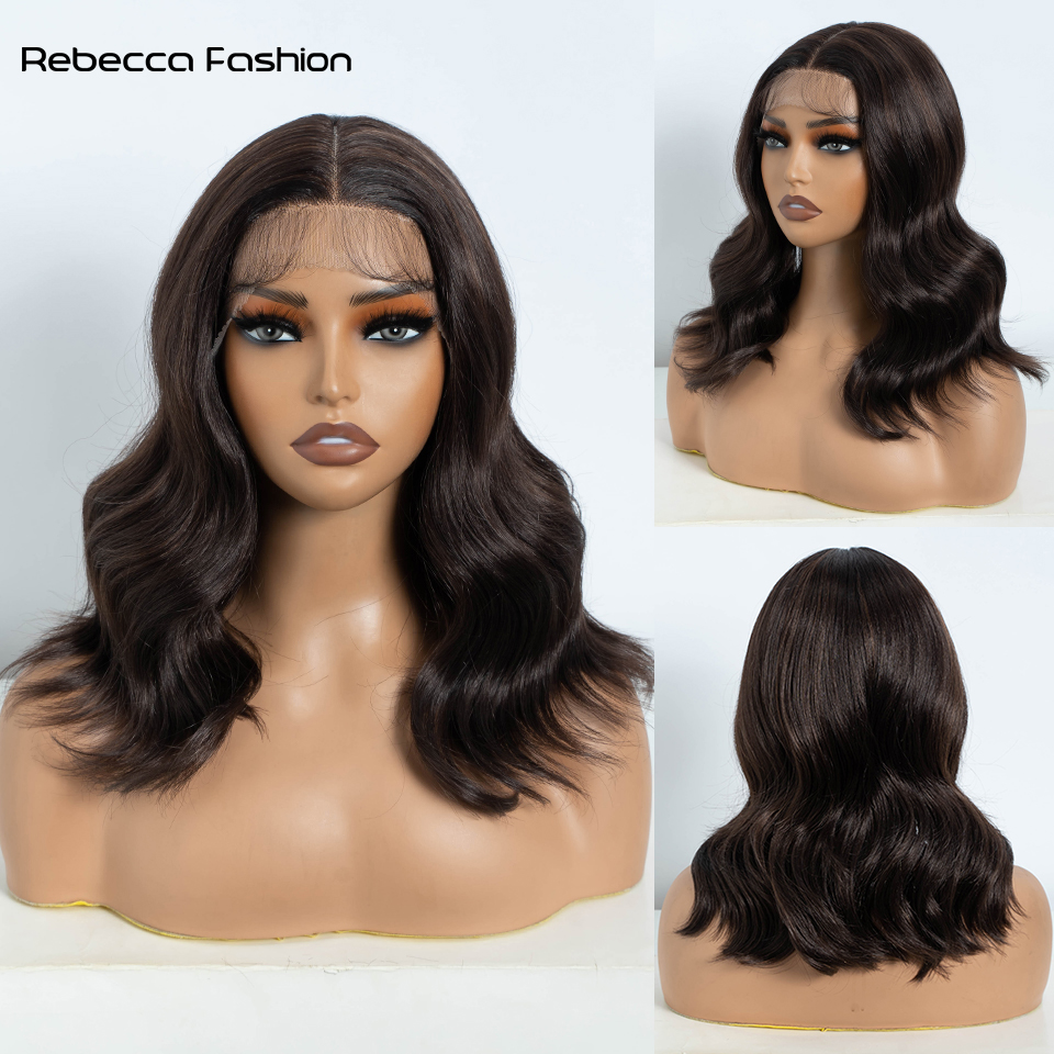 Rebecca Fashion Lace Front Layered Cut Straight 14 Inch Wigs For Women Ombre Blonde Cosplay Synthetic Lace Wig