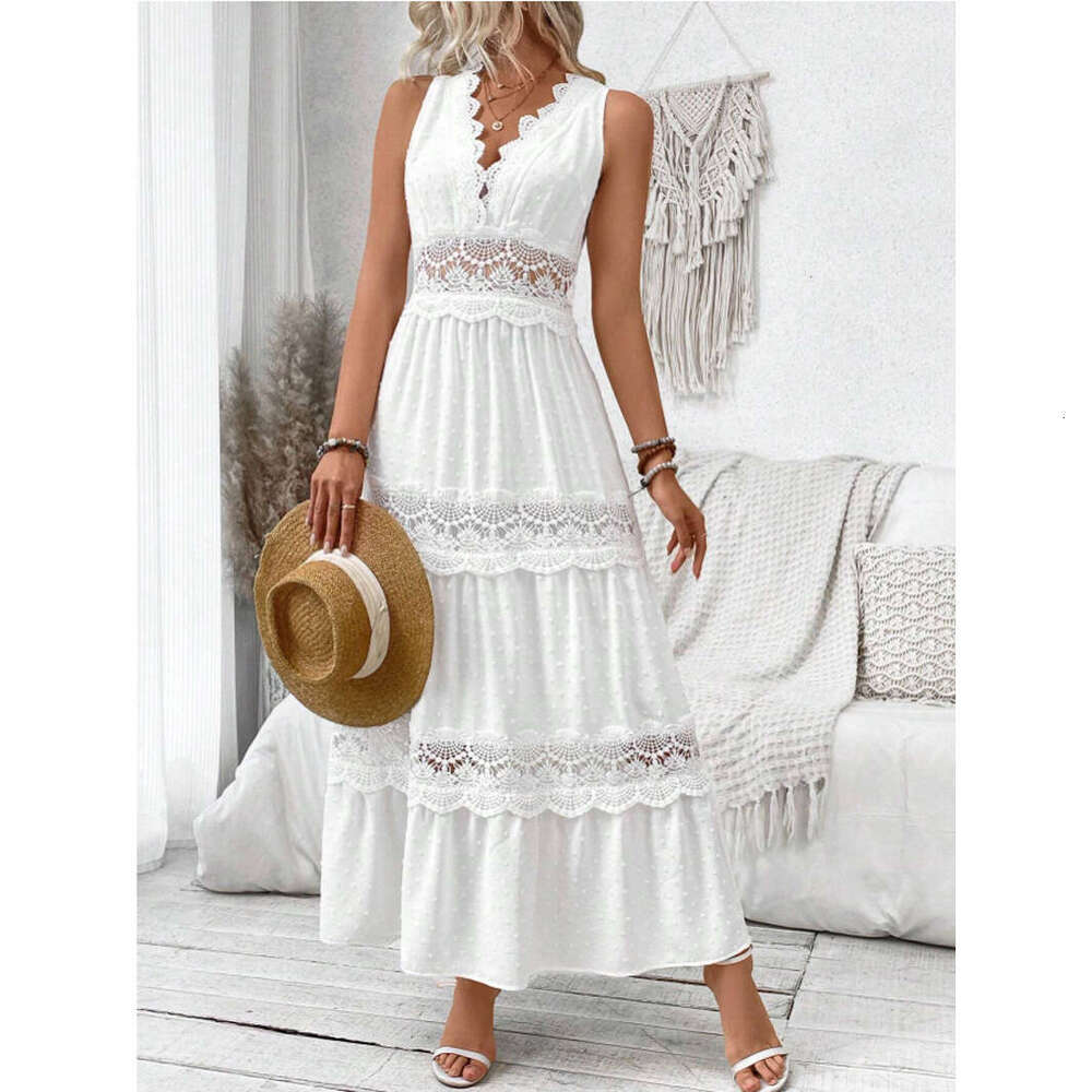 White Dress Maxi Dress 2024 Summer New VCAY Women's Lace Spliced V-Neck Sleeveless Dress KQ