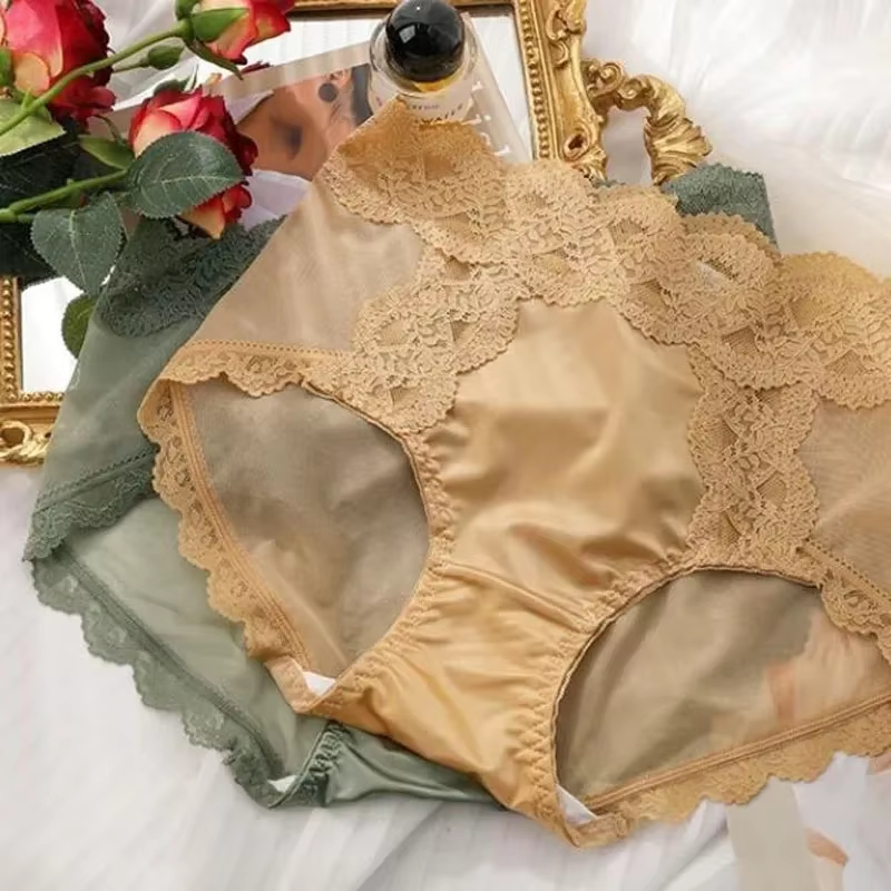 Lace Sexy Panties Underwear Lingerie French Romantic Summer Lace Panties Thin Girls Briefs Gather Belly Ice Satin Silk Lift For Women Hip Mesh Floral 