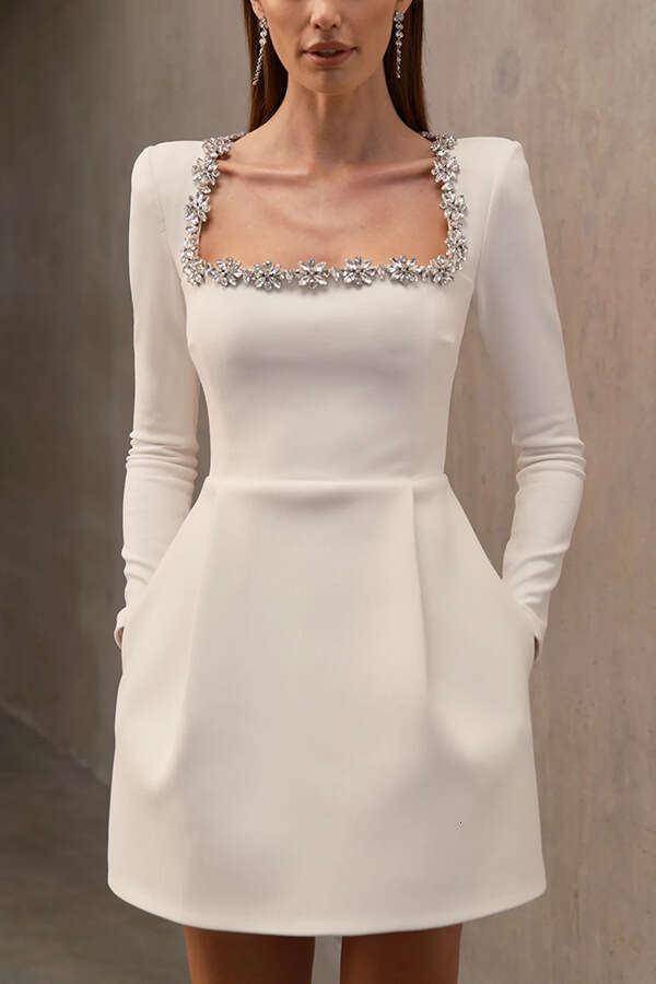White Dress Maxi Dress 2024 Spring Women's Elegant Square Neck Pearl Lace Short Fashion Dress KQ