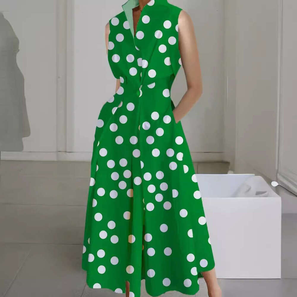 White Dress Maxi Dress 2024 Summer New Commuter Fashion Wave Dot V-Neck Women's Button Fishtail Dress KQ