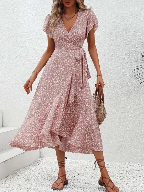 Plus Size 1XL-5XL Womens V-Neck Floral Print Dress Breathable Summer Casual Elegant Dress Sophisticated Style Long Beach Dress 250509