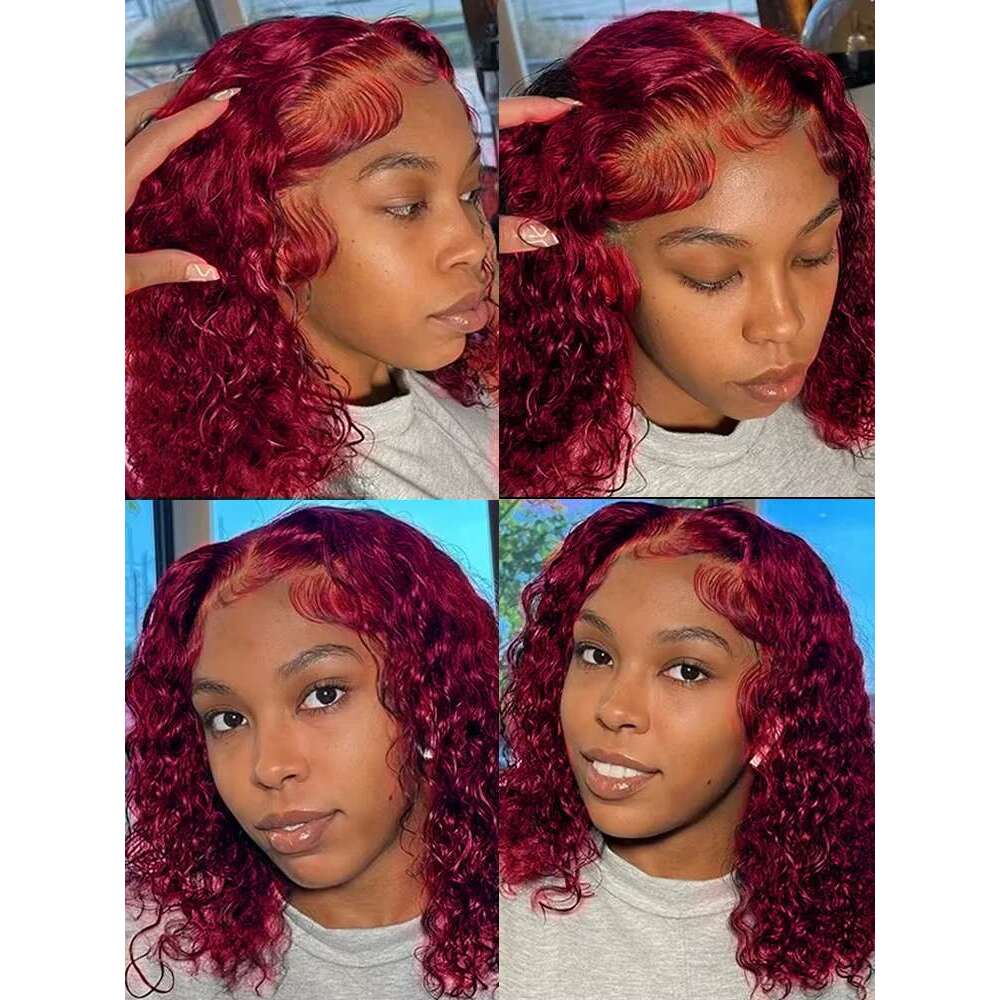250 Density 99J Bury Lace Front Short Bob Human Hair 13X4 Deep Wave Frontal Wig 13X6 Red Colored Curly Wigs