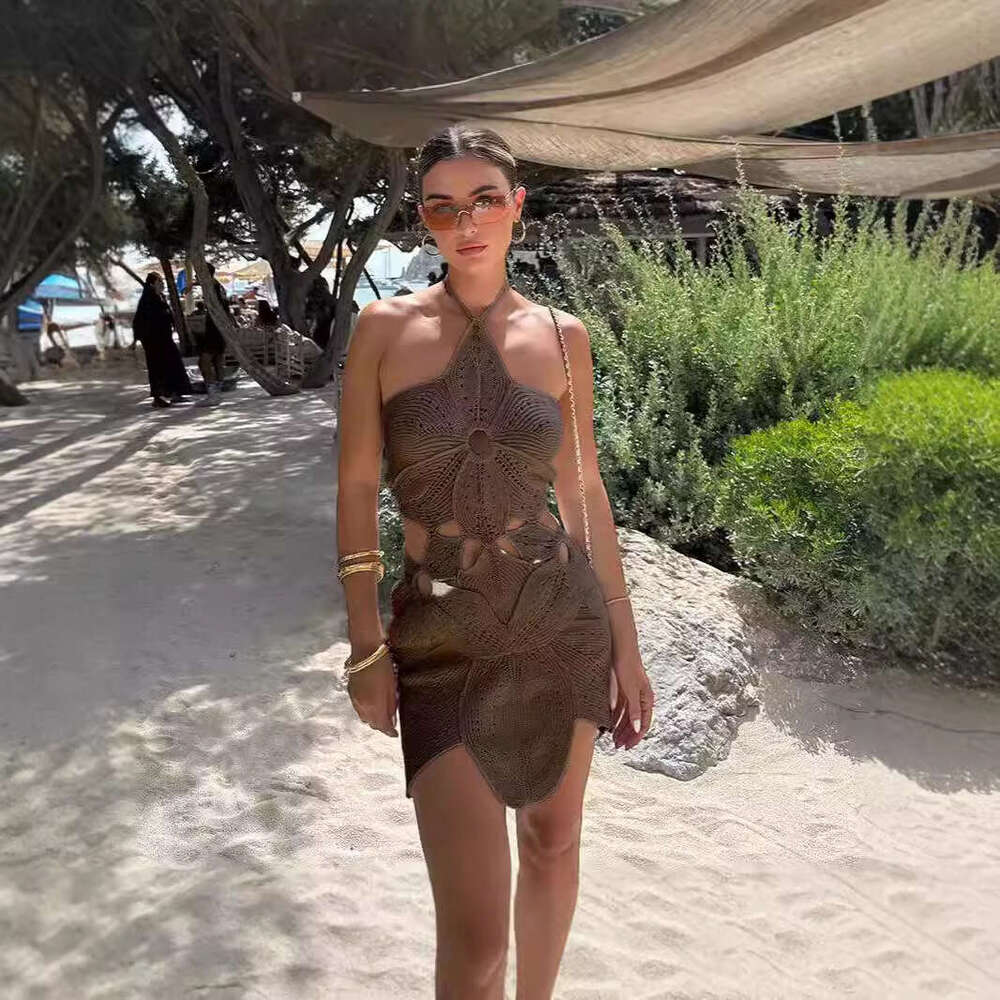 GY25176 Fashion Hanging Neck Asymmetric Hollow Dress Women's Wear