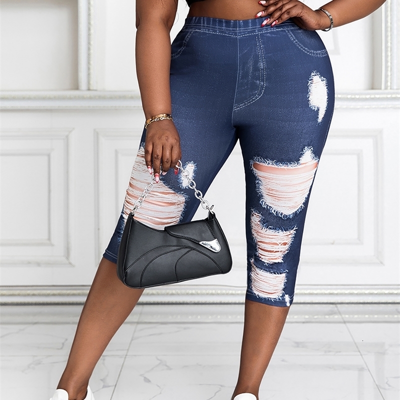 Womens pants in plus size printed with synthetic denim fabric unsettling details high elasticity and comfortable knitting medium 250506