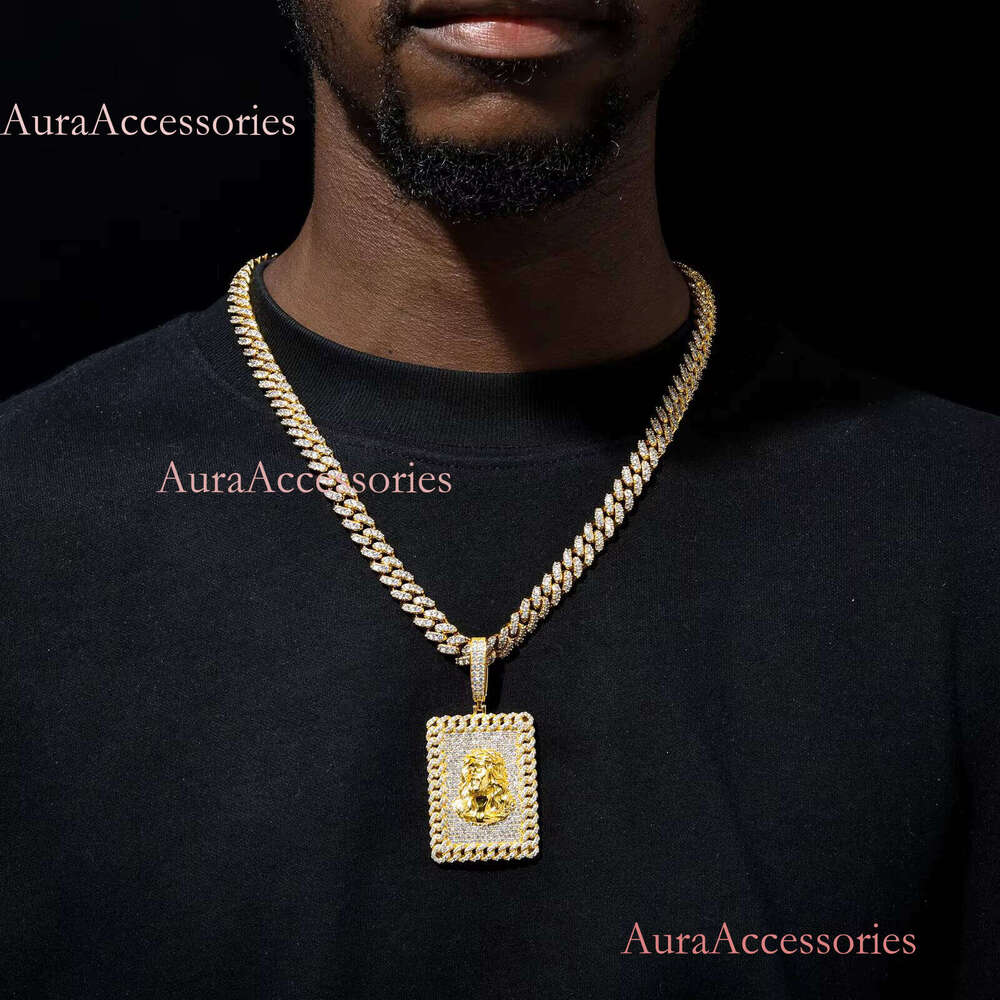 Men Jewelry Real Gold Plated Sterling Sier Moissanite Dia Iced Out Jesus Sign Dog Tag Pendant With Cuban