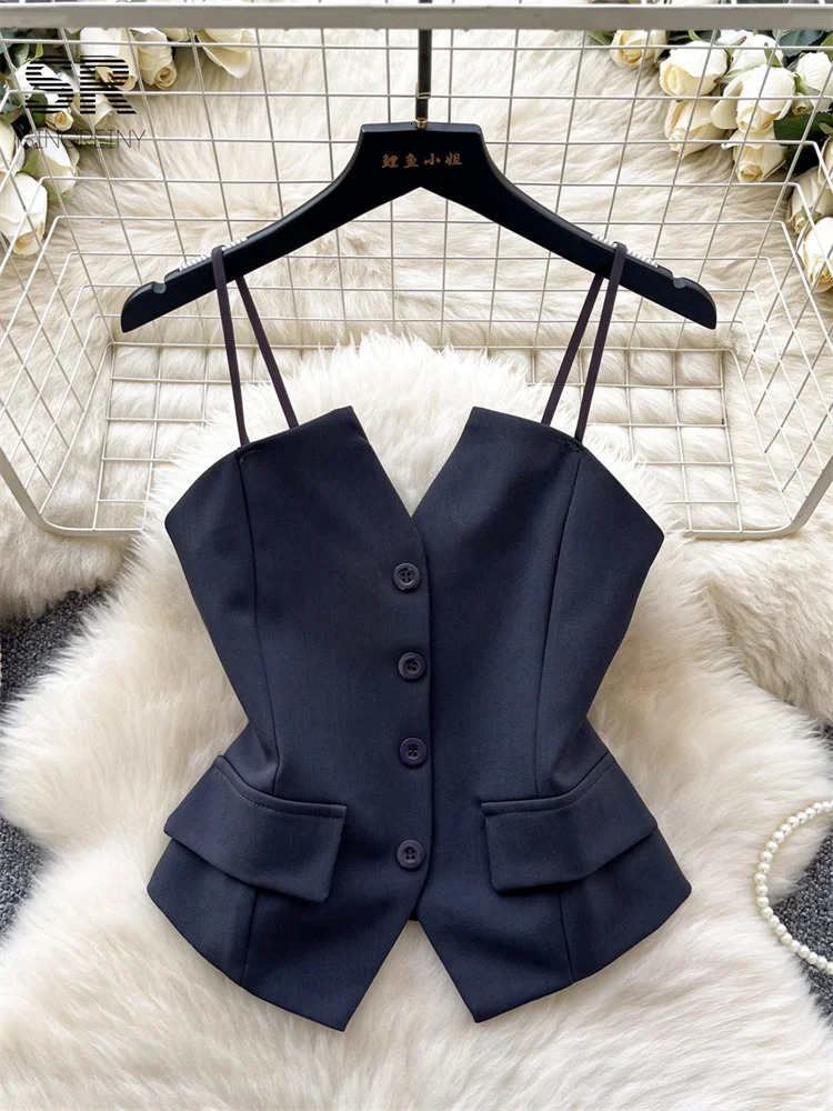SINGREINY Summer Senior Straps OL Tops Single Breasted Skinny Women Blouse Fashion Solid Basics Elegant Short Tank 250515