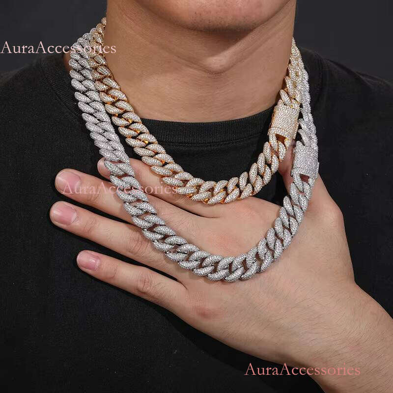 Men Jewelry Fashion Necklace 15mm Real Gold Plated Copper Zircon CZ Dia Iced Out Cuban Link Chain