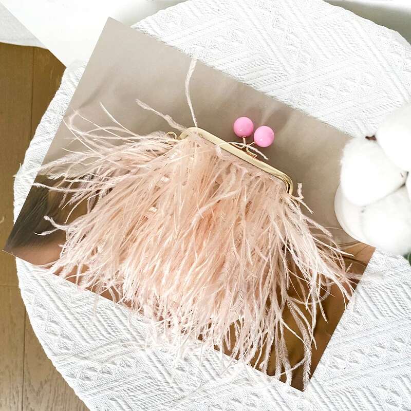 Women Mini Ostrich Feather Clutch Fur Evening Chain Purse Party Ladies Elegant Banquet Bag