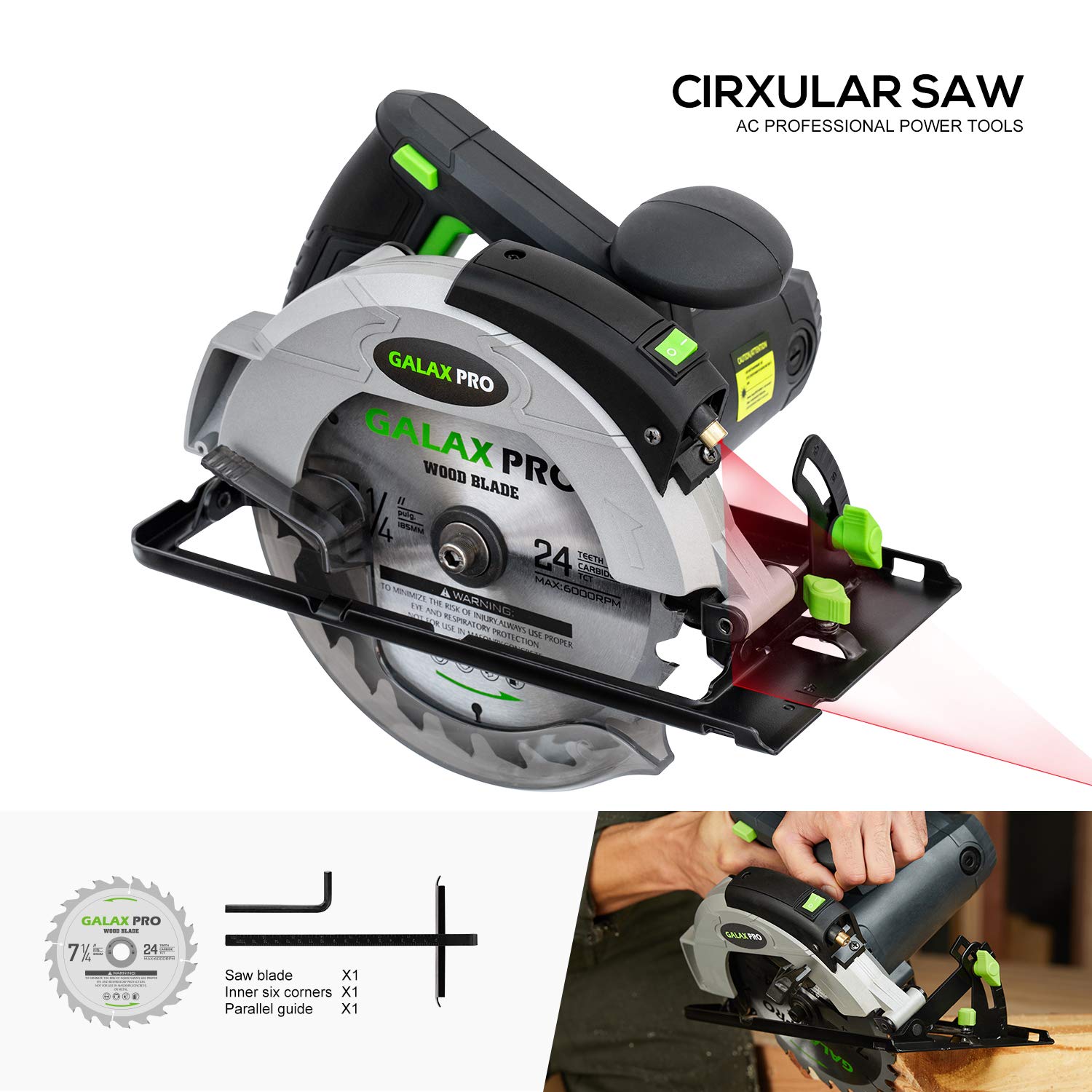 GALAX PRO Circular Saw 1400W 5500RPM Laser Guide Max Cutting Width 62mm (90°) 46mm (45°) Blade 185mm Electric Saw for Wood Plastic Thin Metal