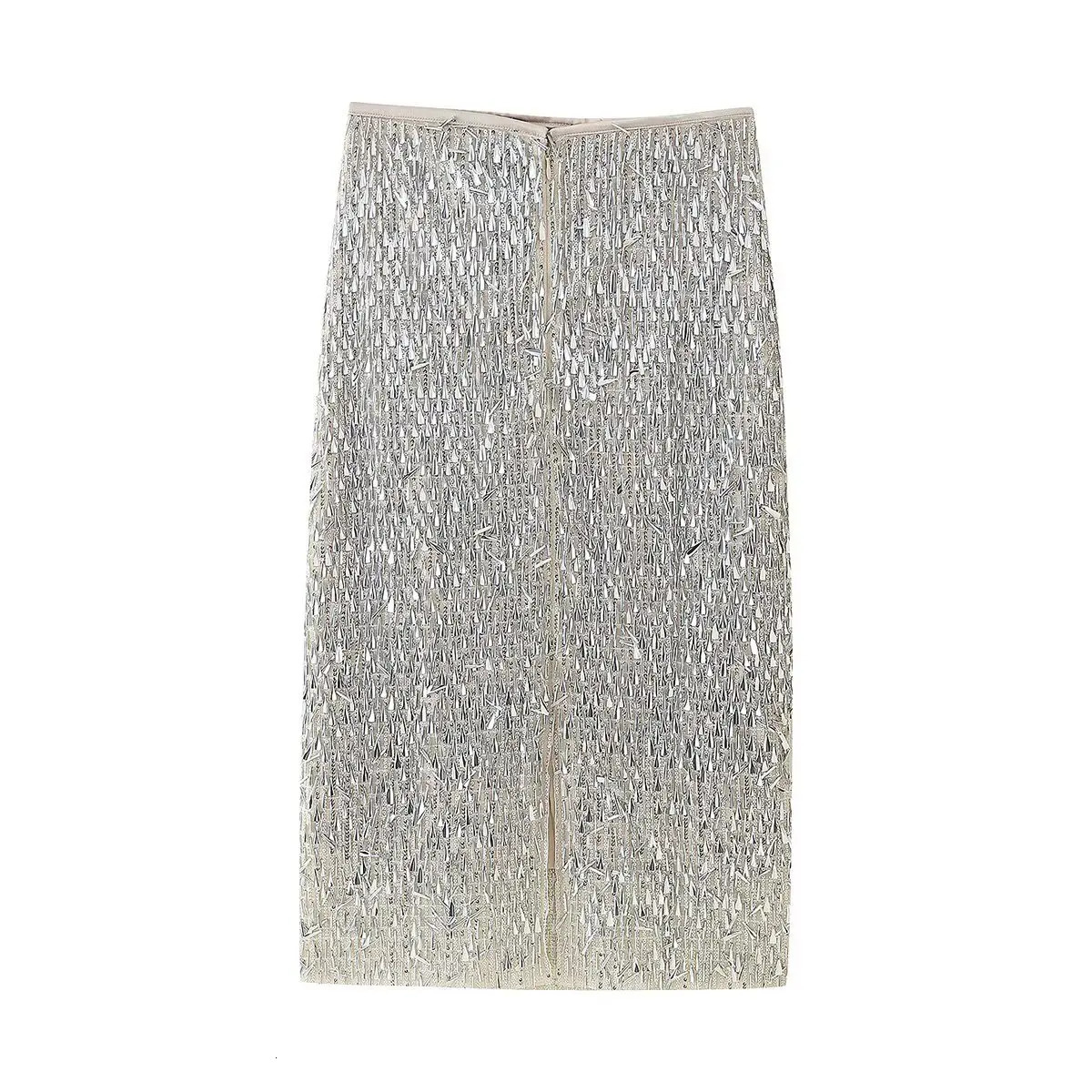ZBZA Womens Shiny Sequined Hip Skirt Tassel High Waist Slit Straight Elegant Spring Summer Female Chic 250515