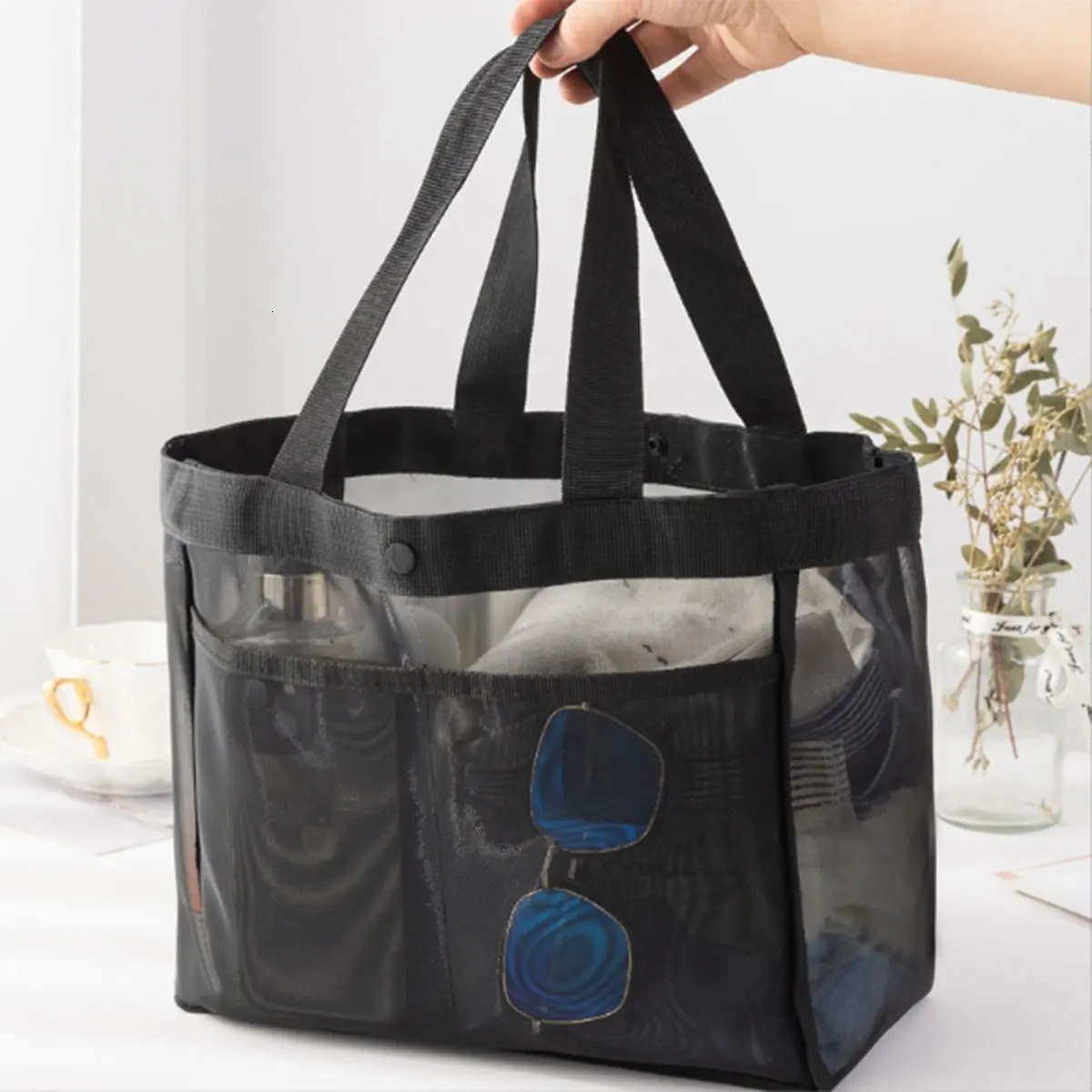 Solid color gauze handbag transparent storage bag shoulder bag beach bag Large capacity mall transparent net shopping bag one pa 250515