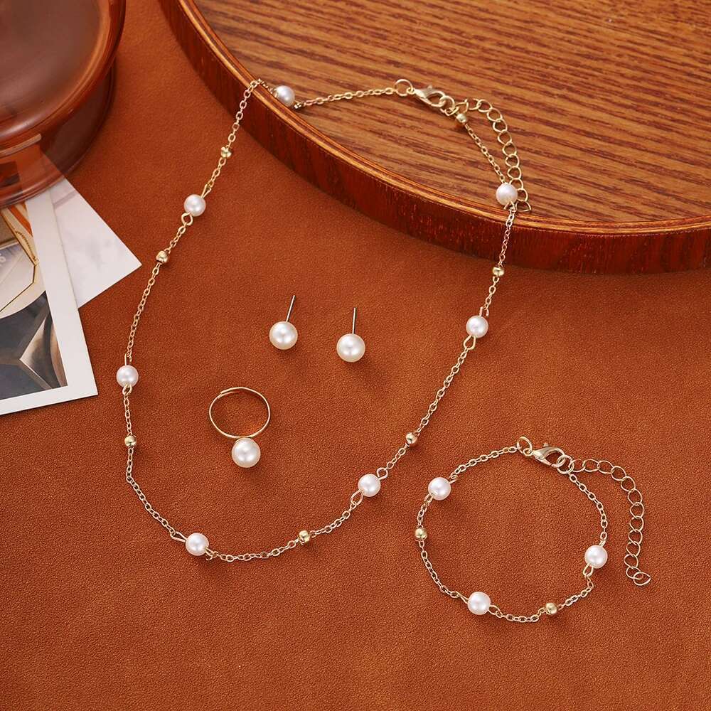 5Pcs/Set Women's Personalized, Simple, Gorgeous Faux Pearl Bracelets And Necklaces, Elegant Beaded Earrings Chic Jewelry Set For