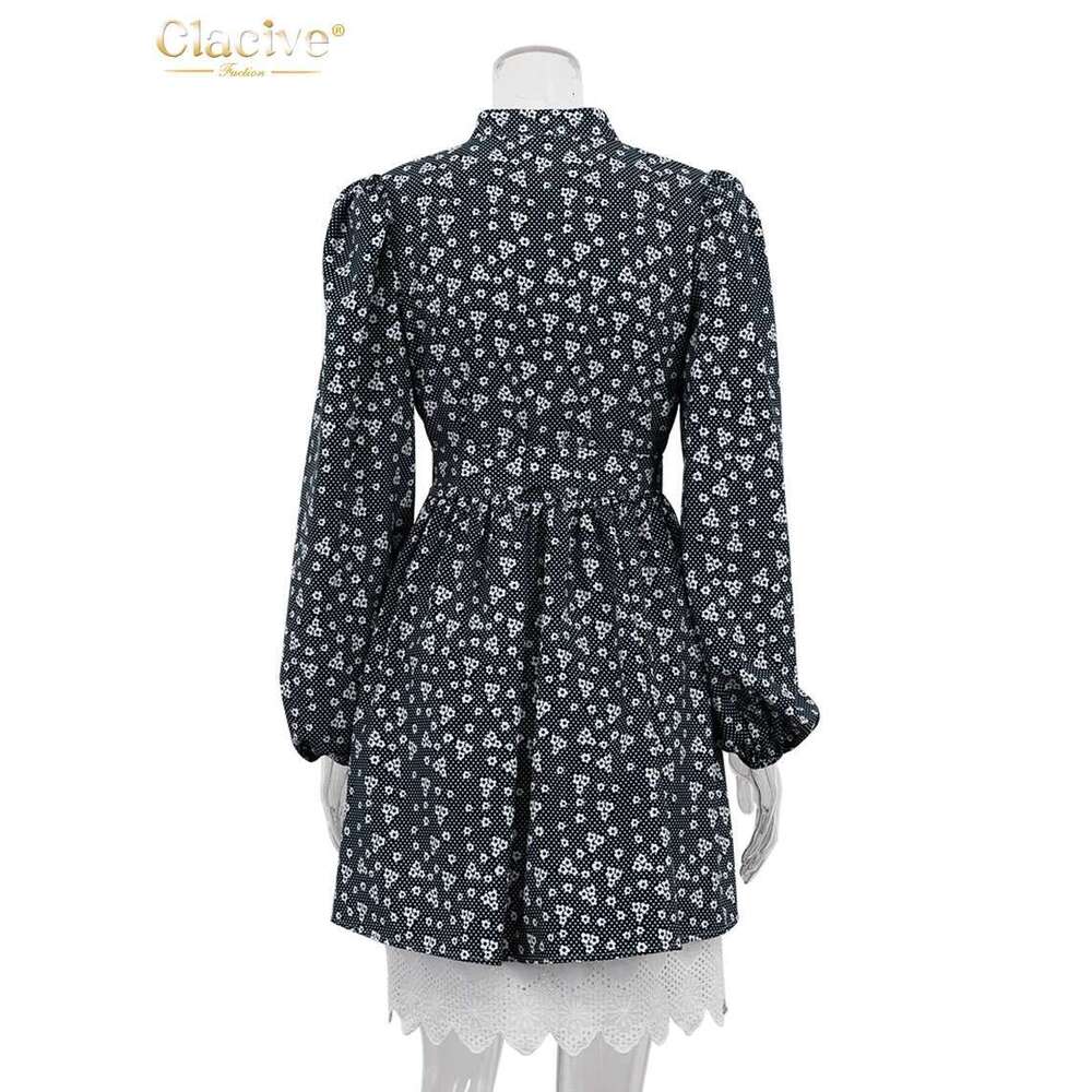Clacive Fashion Loose Print Ladies Autumn Stand Collar Puff Sleeve Office Mini Dress Elegant Patchwork Dresses For Women