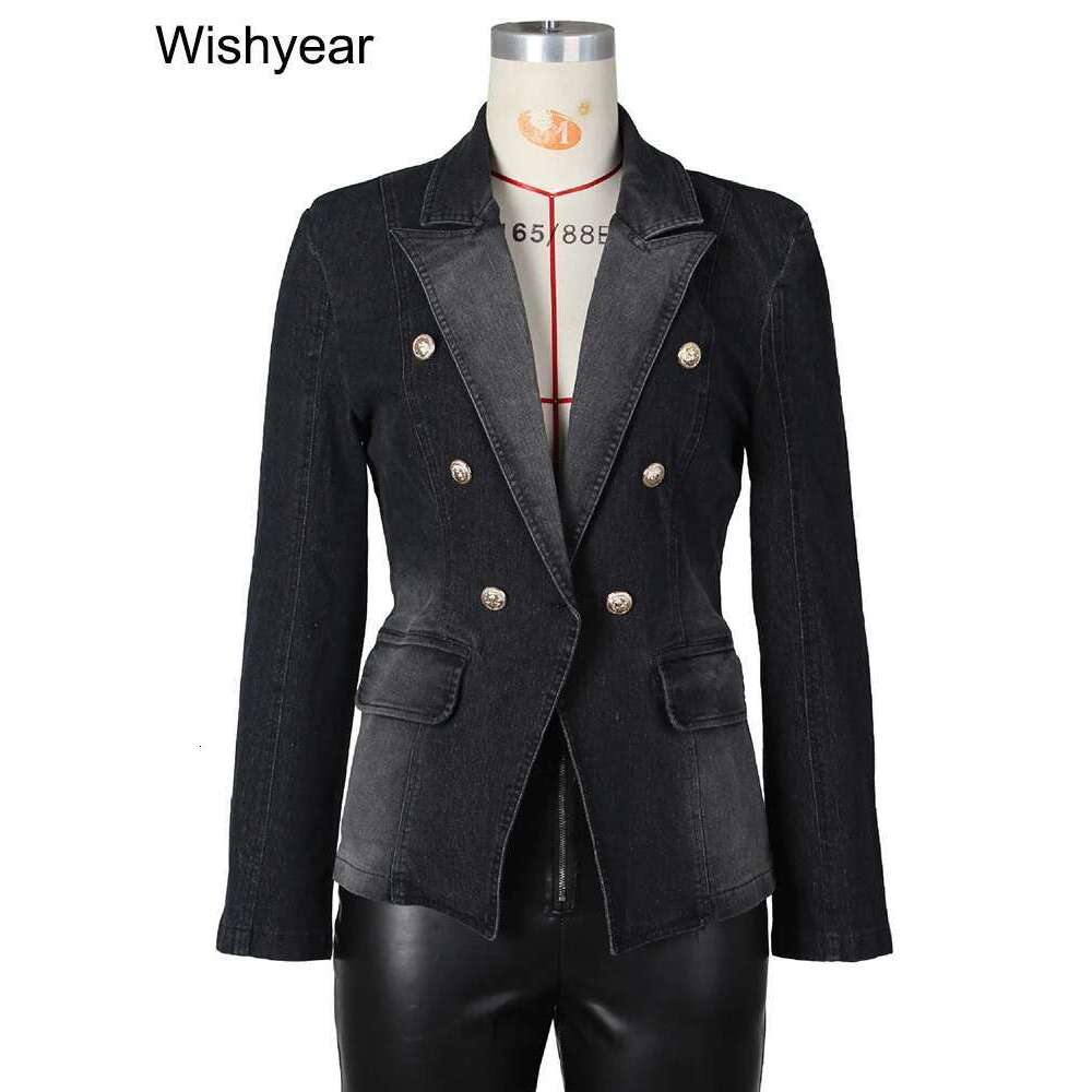 Fashion Notched Collar Long Sleeve Double Breasted Denim Coats For Women Slim Jeans Jacket Casual Streetwear Female Blazer Tops