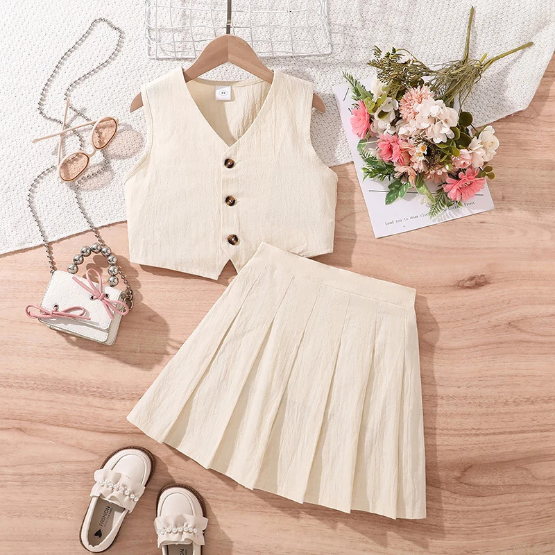 Fashion Clothes Sets For Kids Girls Beige Sleeveless Top With Skirt Simple And Generous Style Party Suit Casual Everyday Clothes 250515